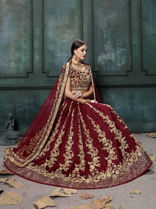 Impressive Maroon Colored Designer Partywear Raw Silk Lehenga Choli - Zeel Clothing