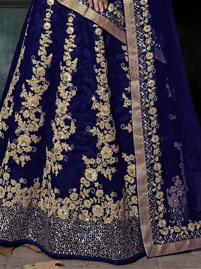 Impressive Navy Blue Colored Designer Partywear Raw Silk Lehenga Choli - Zeel Clothing