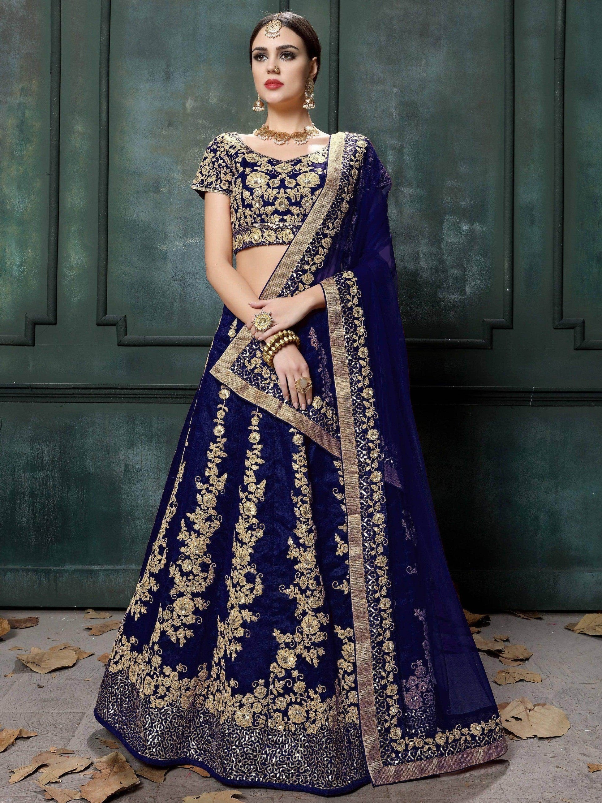 Impressive Navy Blue Colored Designer Partywear Raw Silk Lehenga Choli - Zeel Clothing