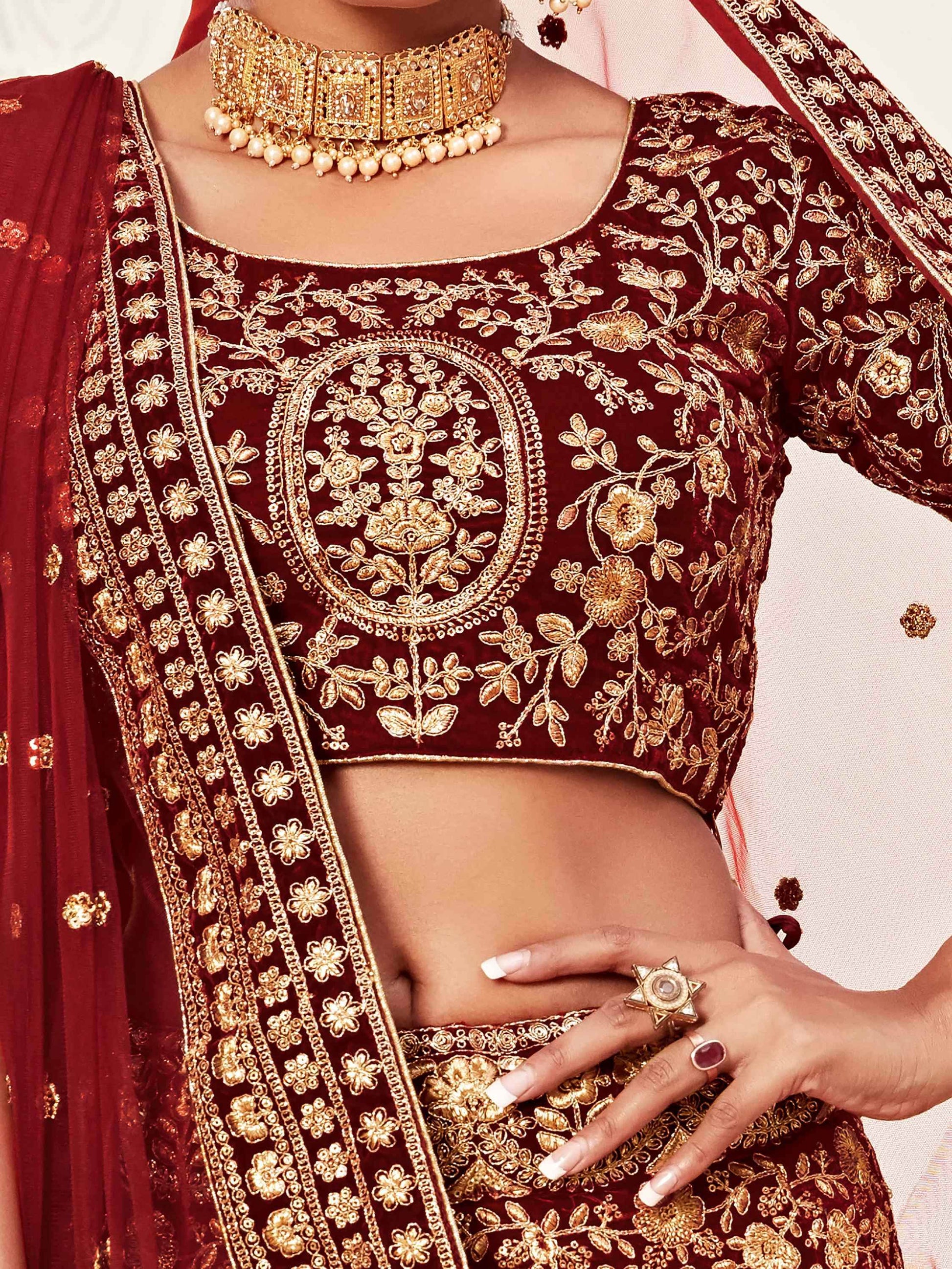 Impressive Red Embroidered Work Velvet Bridal Wear Lehenga Choli - Zeel Clothing