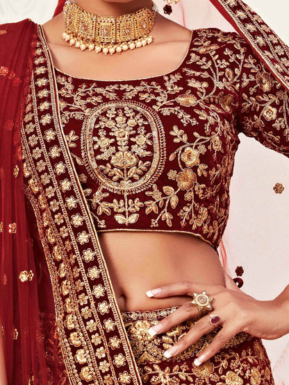 Impressive Red Embroidered Work Velvet Bridal Wear Lehenga Choli - Zeel Clothing