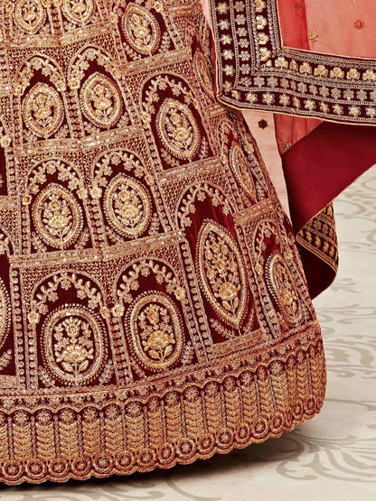 Impressive Red Embroidered Work Velvet Bridal Wear Lehenga Choli - Zeel Clothing