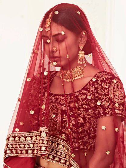 Impressive Red Embroidered Work Velvet Bridal Wear Lehenga Choli - Zeel Clothing