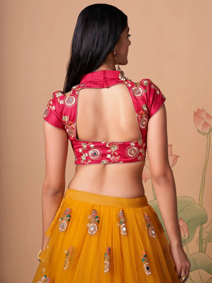 Impressive Yellow Mirror Work Net Reception Wear Lehenga Choli - Zeel Clothing