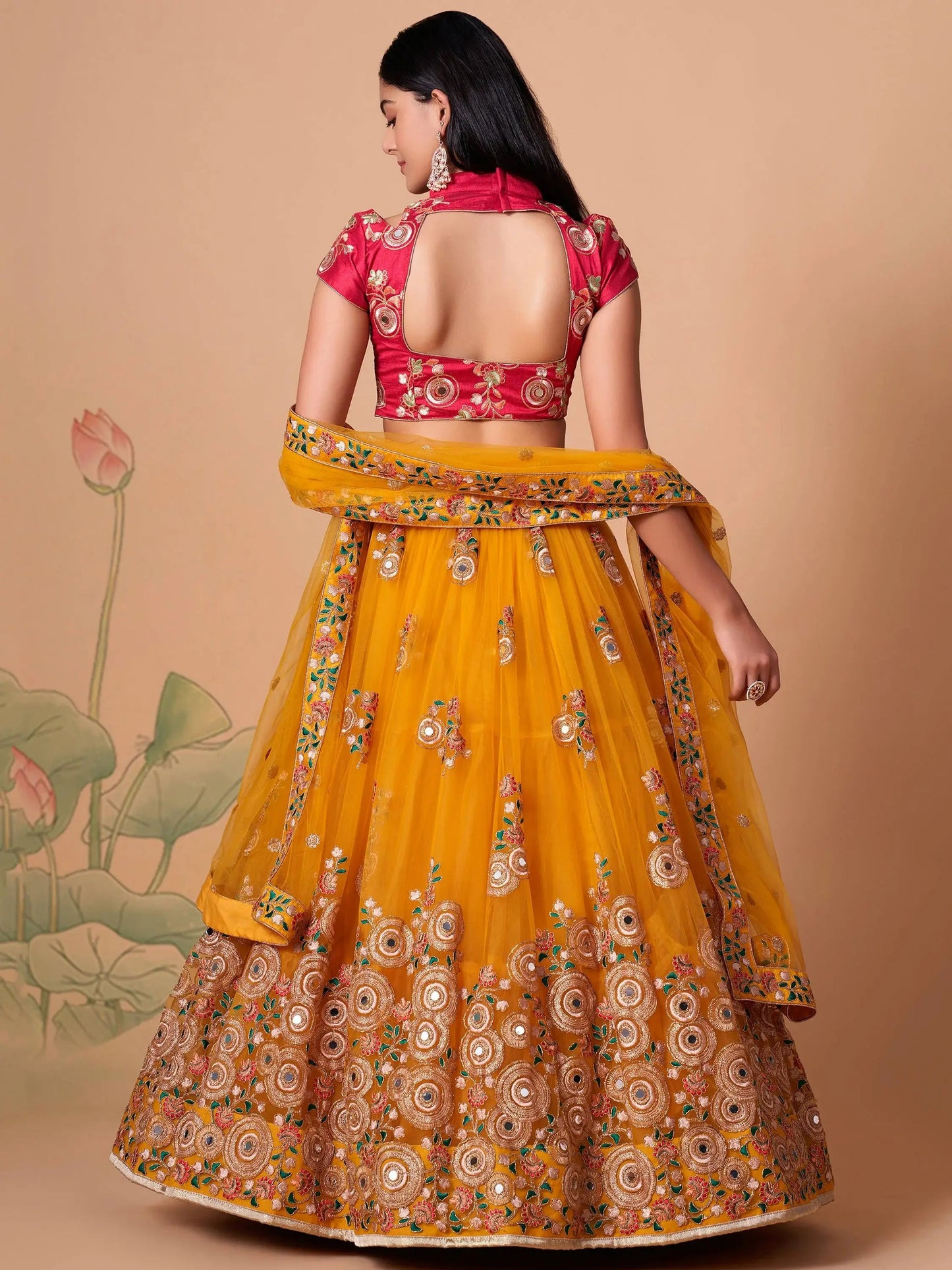 Impressive Yellow Mirror Work Net Reception Wear Lehenga Choli - Zeel Clothing