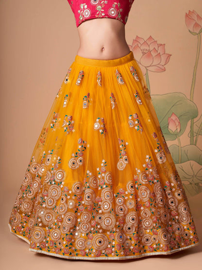 Impressive Yellow Mirror Work Net Reception Wear Lehenga Choli - Zeel Clothing