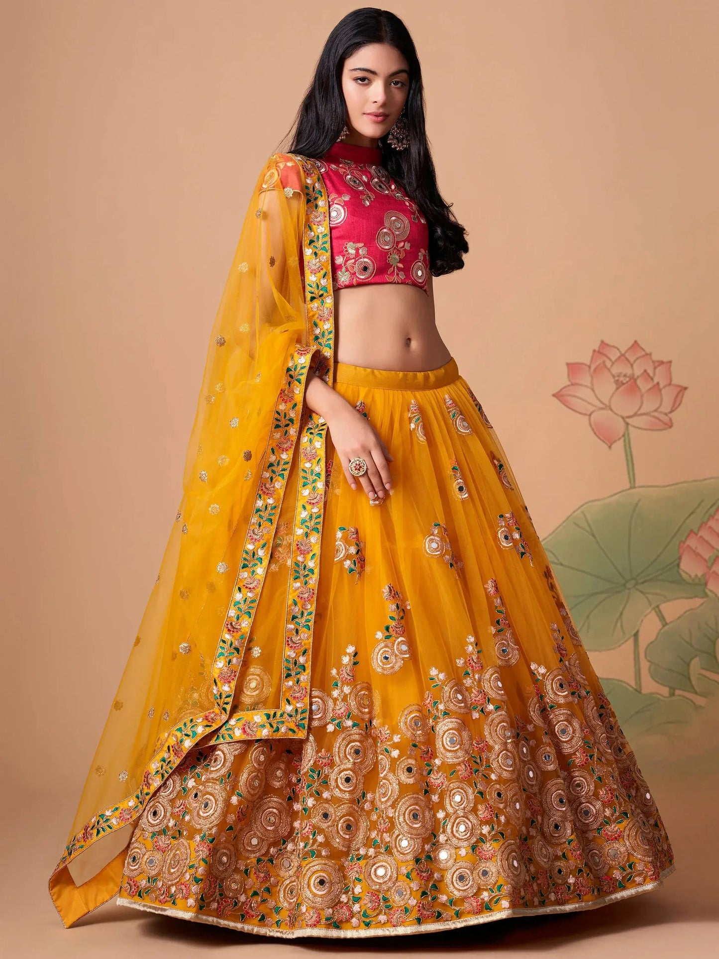 Impressive Yellow Mirror Work Net Reception Wear Lehenga Choli - Zeel Clothing