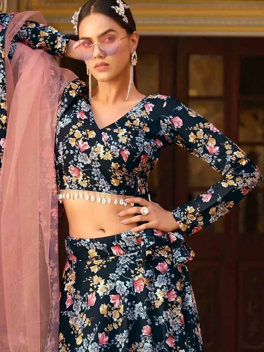 Incredible Black Floral Printed Silk Lehenga Choli With Dupatta - Zeel Clothing