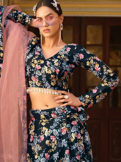 Incredible Black Floral Printed Silk Lehenga Choli With Dupatta - Zeel Clothing