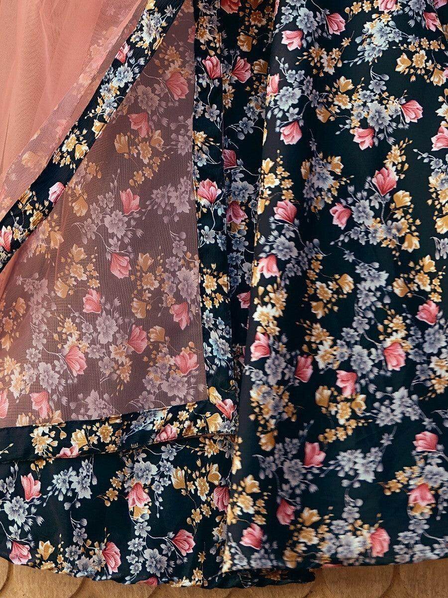 Incredible Black Floral Printed Silk Lehenga Choli With Dupatta - Zeel Clothing