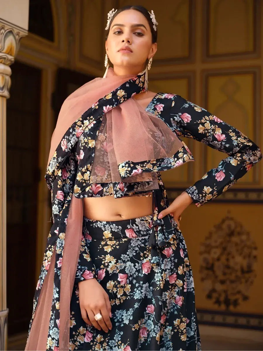 Incredible Black Floral Printed Silk Lehenga Choli With Dupatta - Zeel Clothing