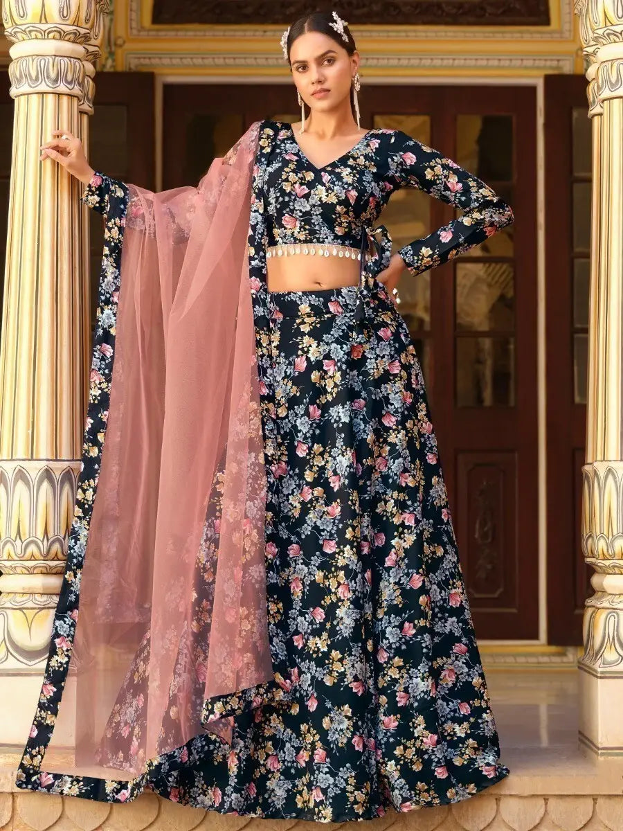 Incredible Black Floral Printed Silk Lehenga Choli With Dupatta - Zeel Clothing