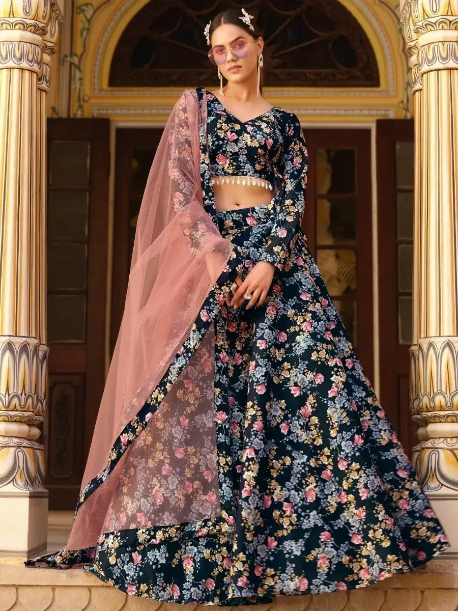 Incredible Black Floral Printed Silk Lehenga Choli With Dupatta - Zeel Clothing