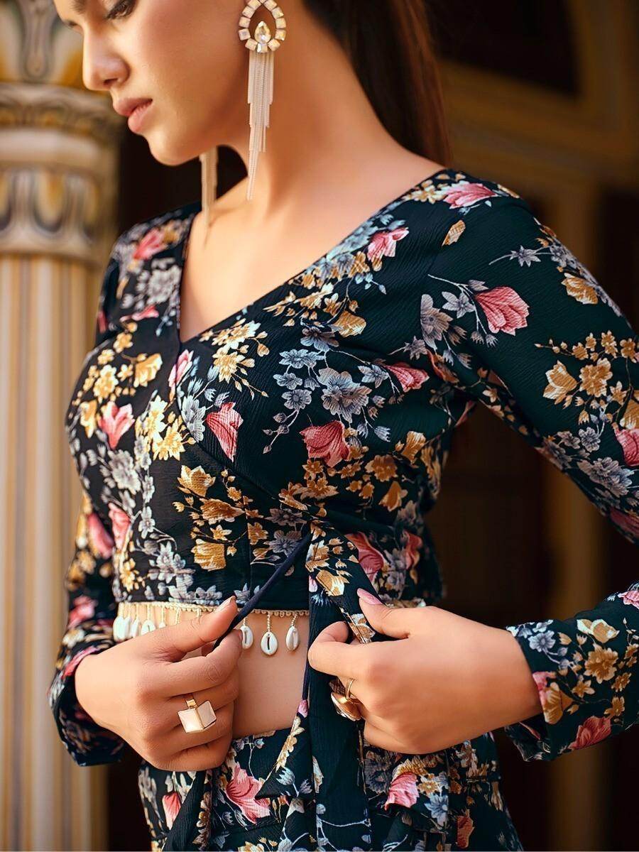 Incredible Black Floral Printed Silk Lehenga Choli With Dupatta - Zeel Clothing