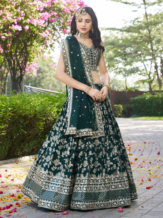 Incredible Green Ceremonial Wear Zari Embroidery Lehenga Choli With Dupatta - Zeel Clothing