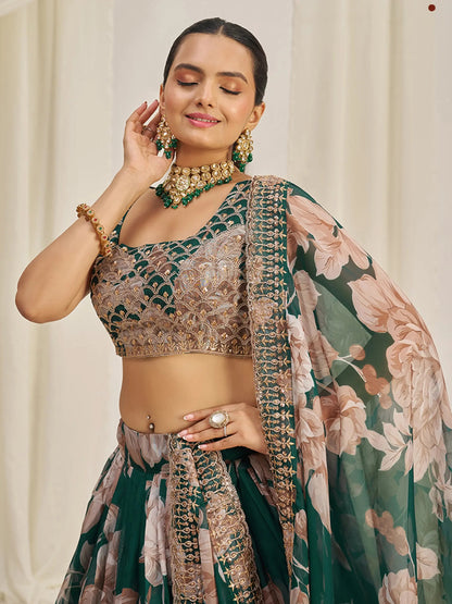 Incredible Green Sequins Organza Mehendi Wear Lehenga Choli - Zeel Clothing