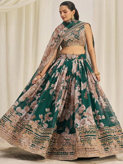 Incredible Green Sequins Organza Mehendi Wear Lehenga Choli - Zeel Clothing