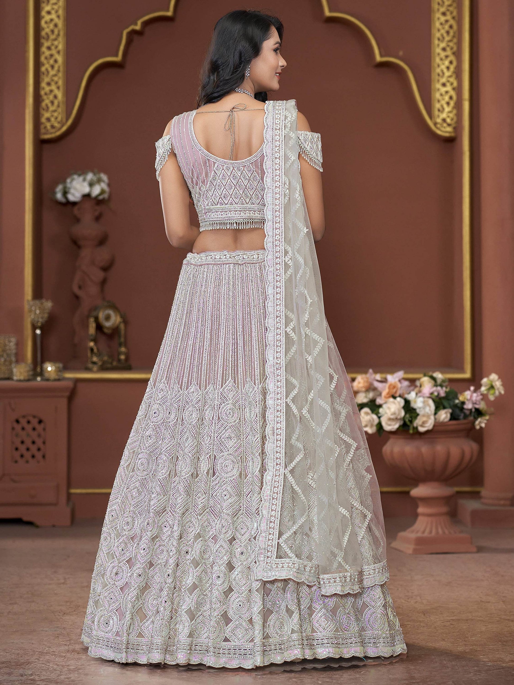 Incredible Pink Jarkan Work Net Engagement Wear Lehenga Choli - Zeel Clothing