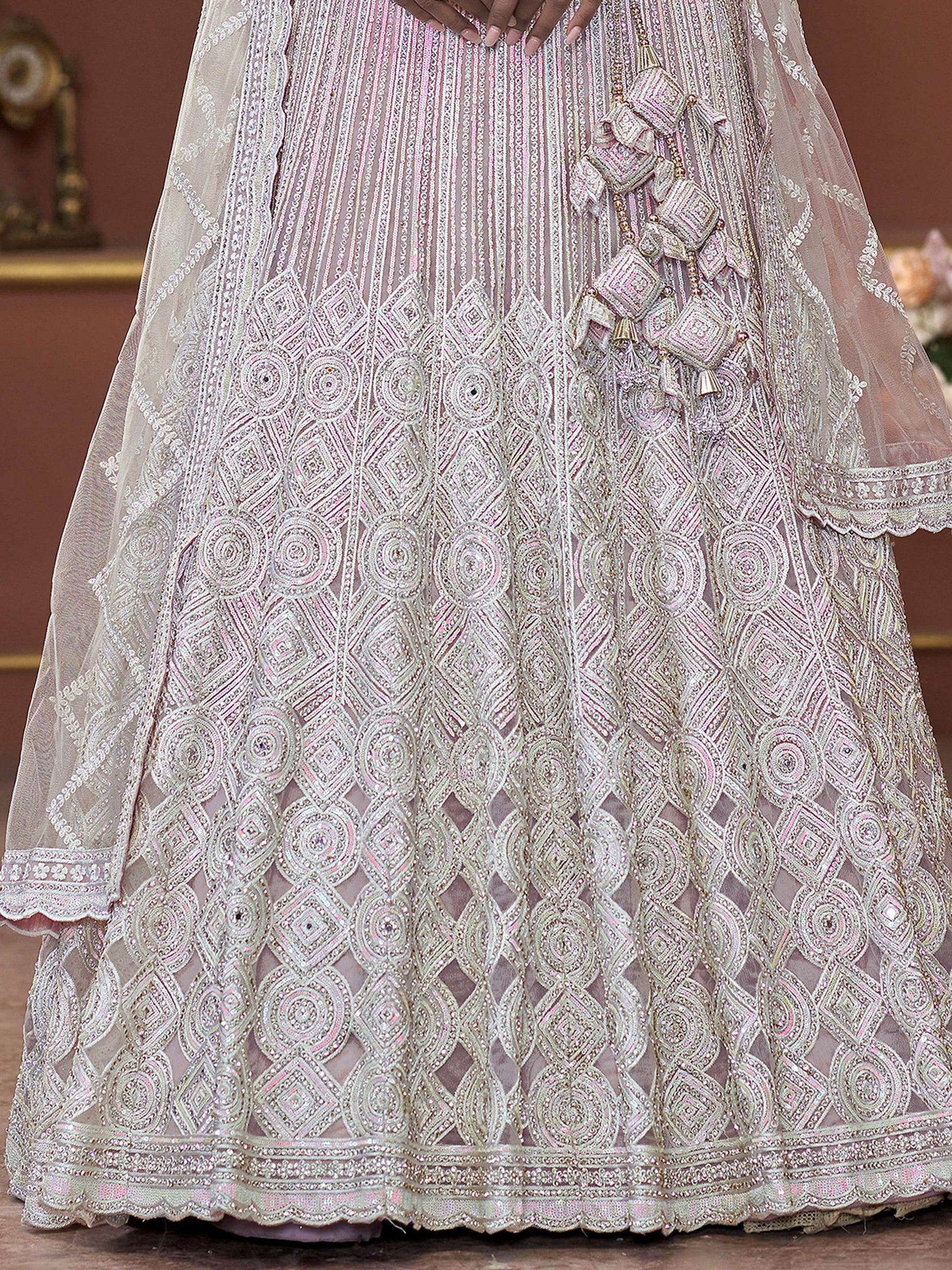 Incredible Pink Jarkan Work Net Engagement Wear Lehenga Choli - Zeel Clothing