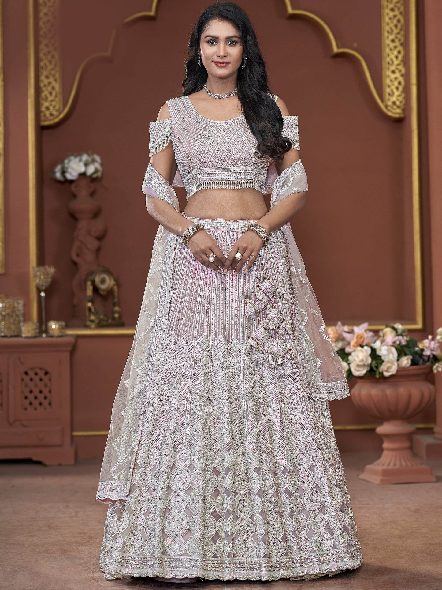 Incredible Pink Jarkan Work Net Engagement Wear Lehenga Choli - Zeel Clothing