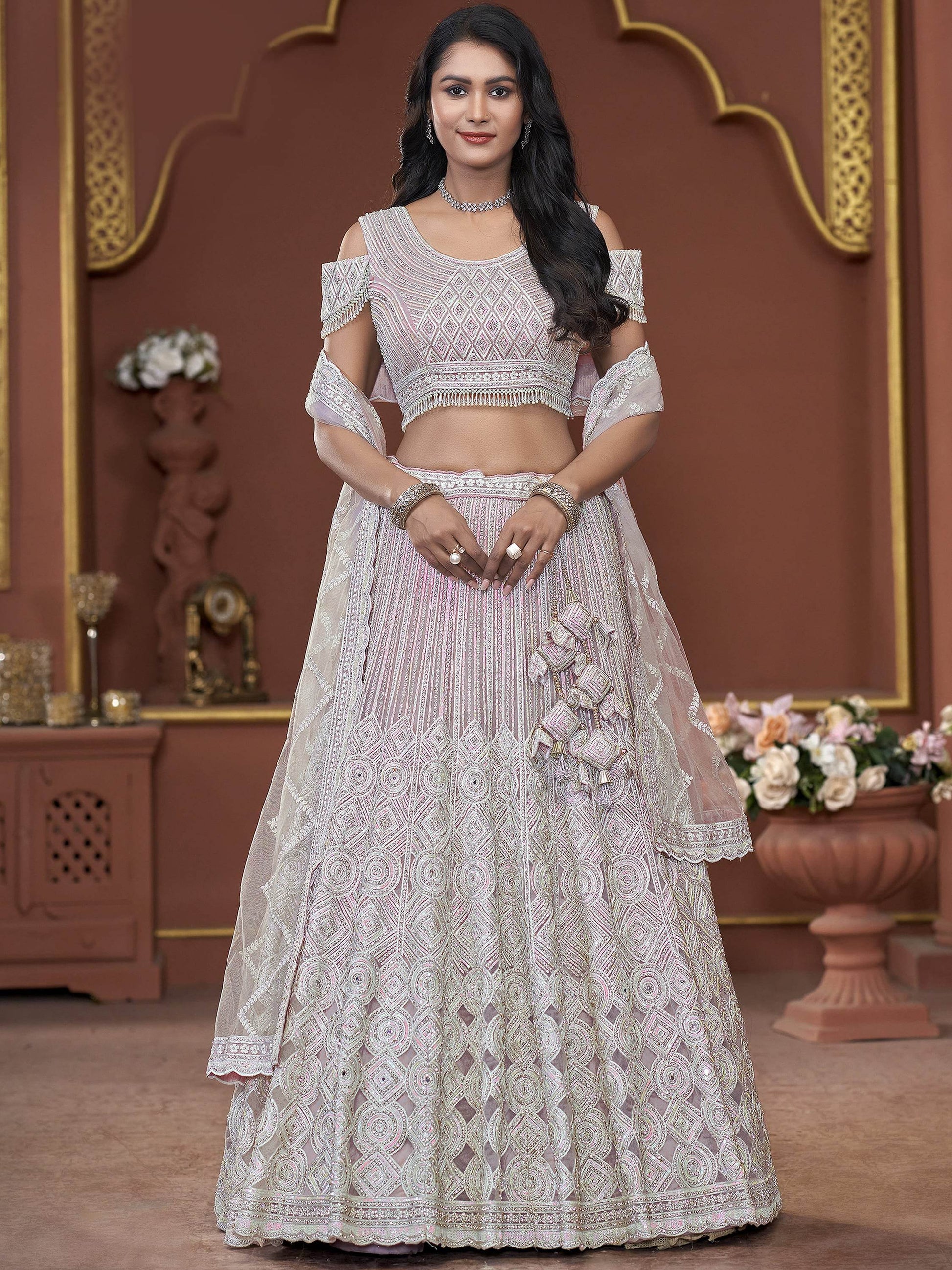 Incredible Pink Jarkan Work Net Engagement Wear Lehenga Choli - Zeel Clothing