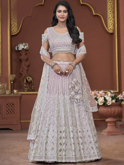 Incredible Pink Jarkan Work Net Engagement Wear Lehenga Choli - Zeel Clothing