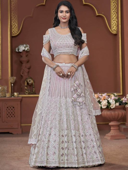 Incredible Pink Jarkan Work Net Engagement Wear Lehenga Choli - Zeel Clothing