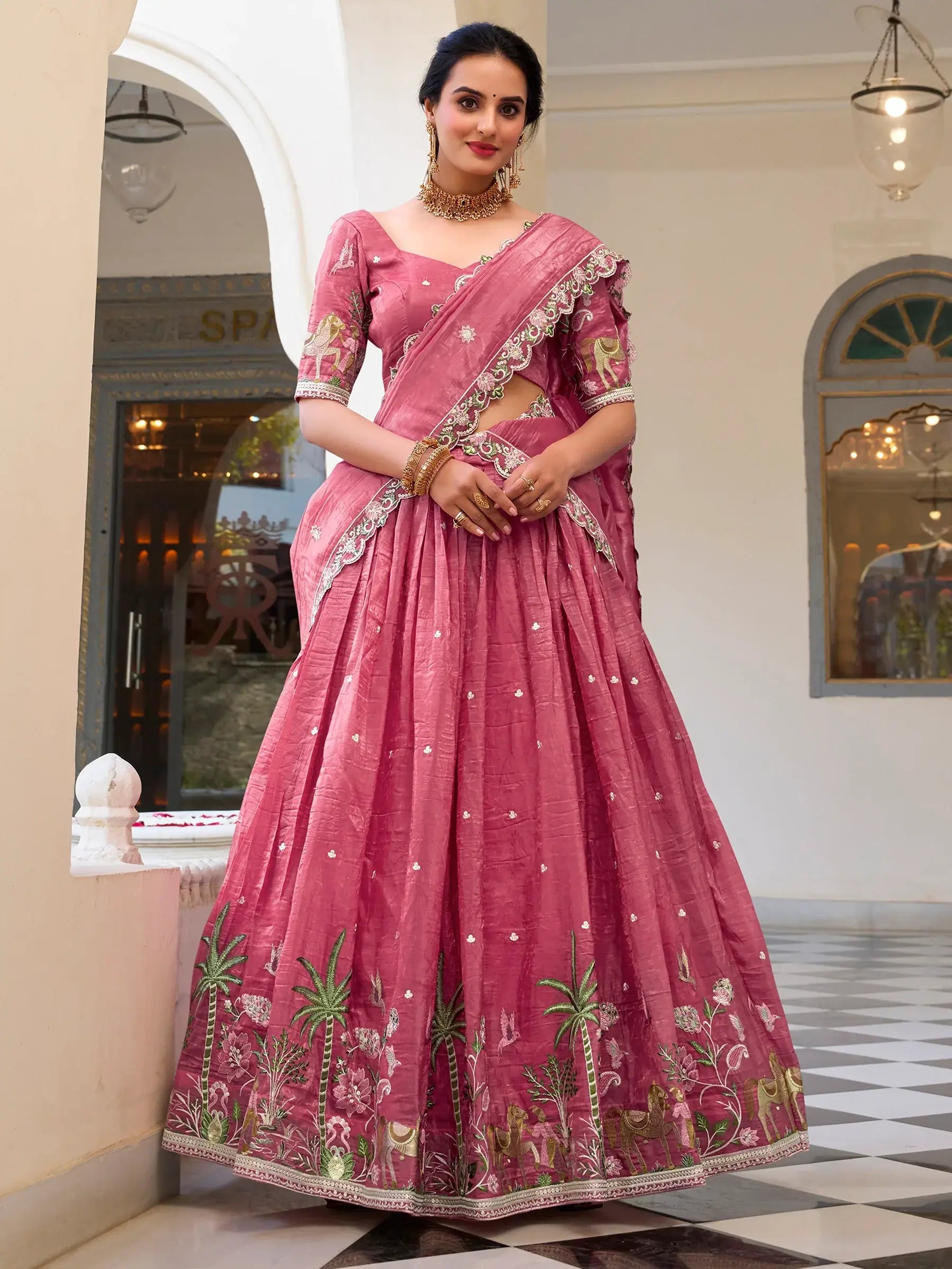 Incredible Pink Thread Work Crush Silk Wedding Lehenga Choli With Dupatta - Zeel Clothing