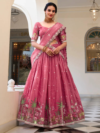 Incredible Pink Thread Work Crush Silk Wedding Lehenga Choli With Dupatta - Zeel Clothing