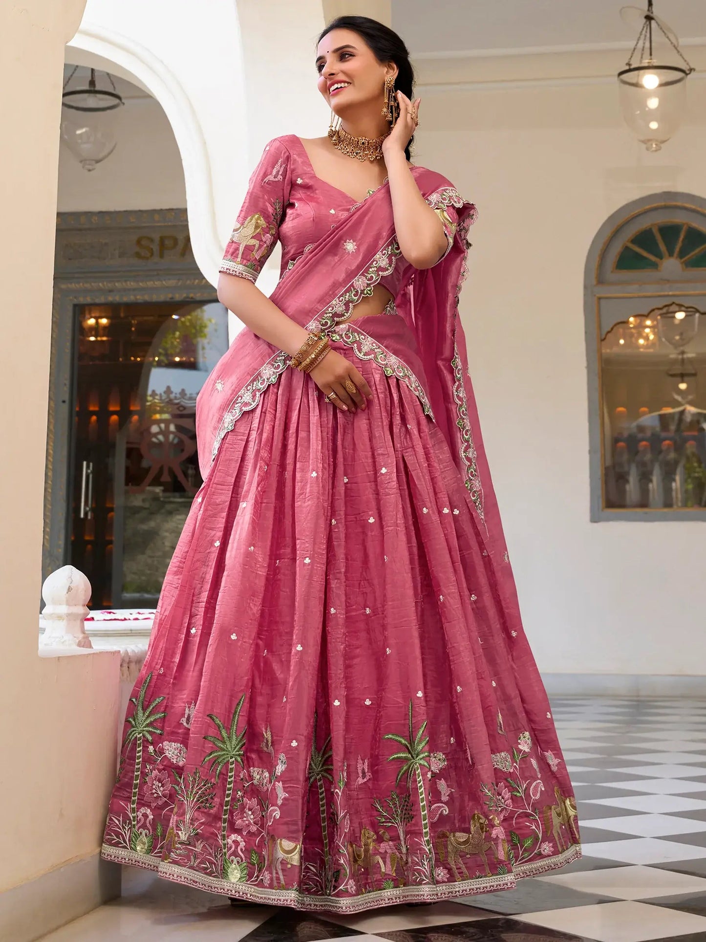 Incredible Pink Thread Work Crush Silk Wedding Lehenga Choli With Dupatta - Zeel Clothing