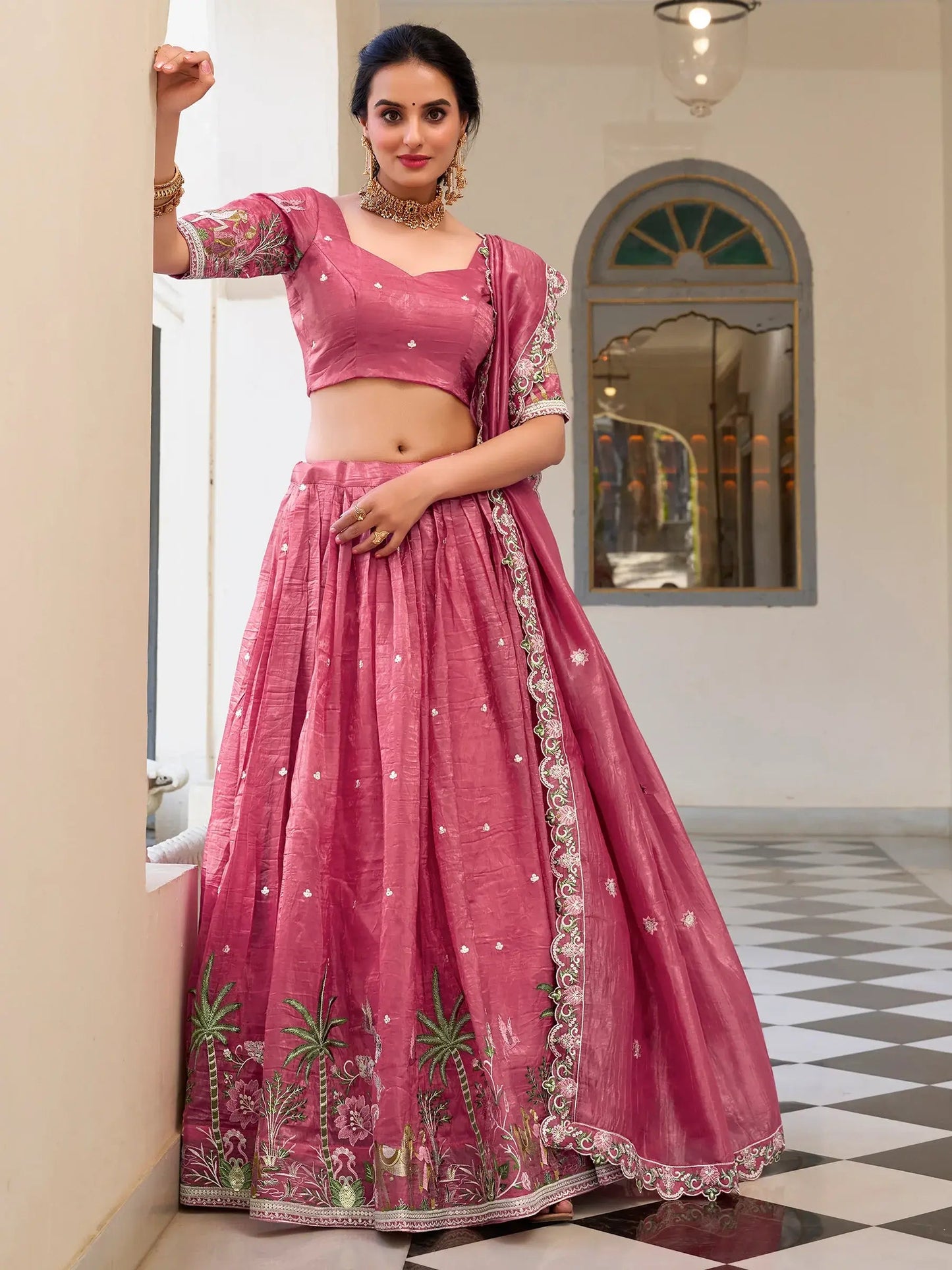 Incredible Pink Thread Work Crush Silk Wedding Lehenga Choli With Dupatta - Zeel Clothing