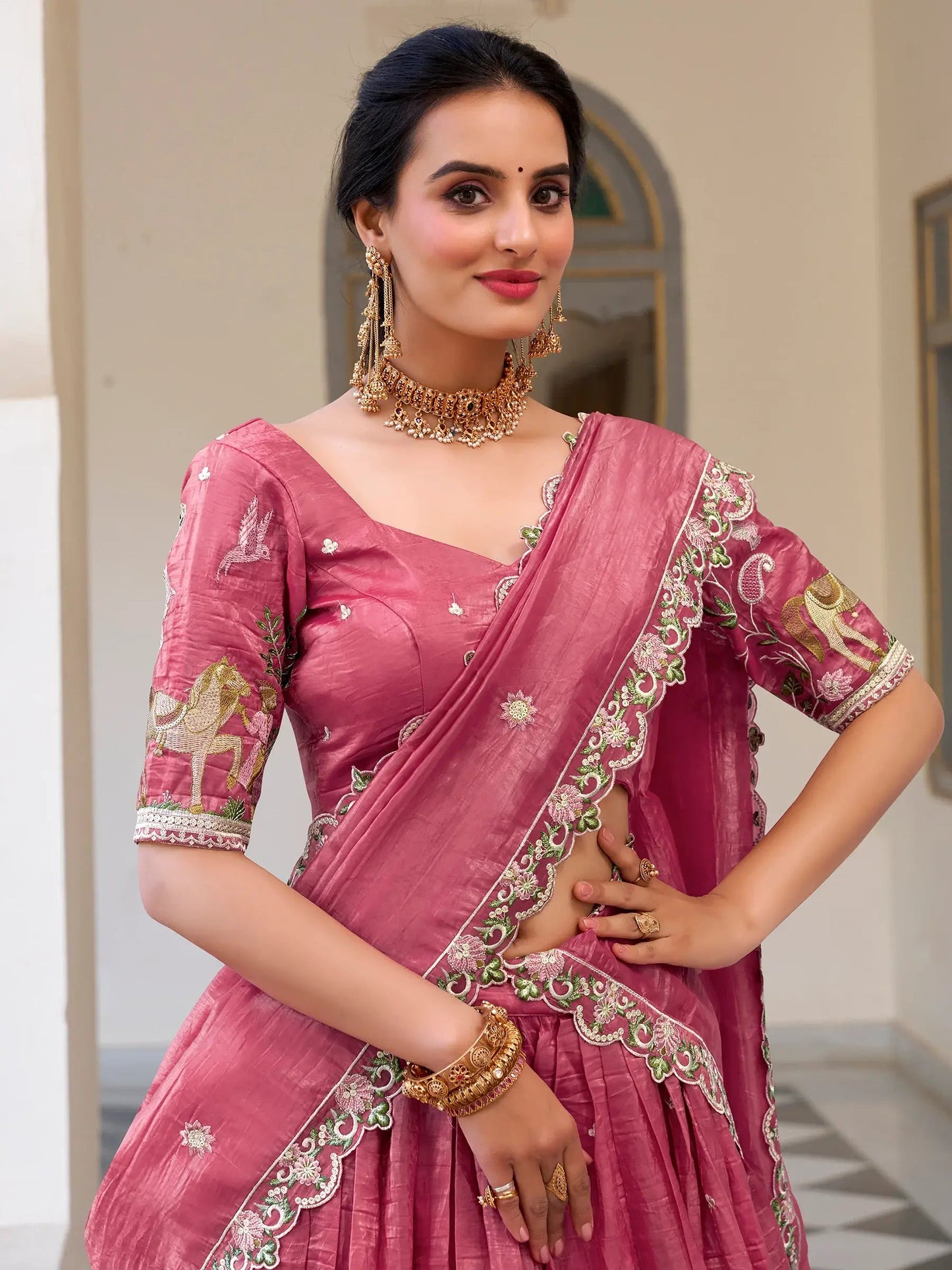 Incredible Pink Thread Work Crush Silk Wedding Lehenga Choli With Dupatta - Zeel Clothing