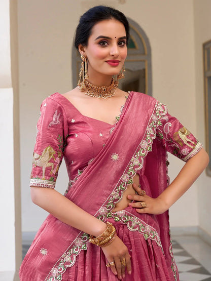 Incredible Pink Thread Work Crush Silk Wedding Lehenga Choli With Dupatta - Zeel Clothing