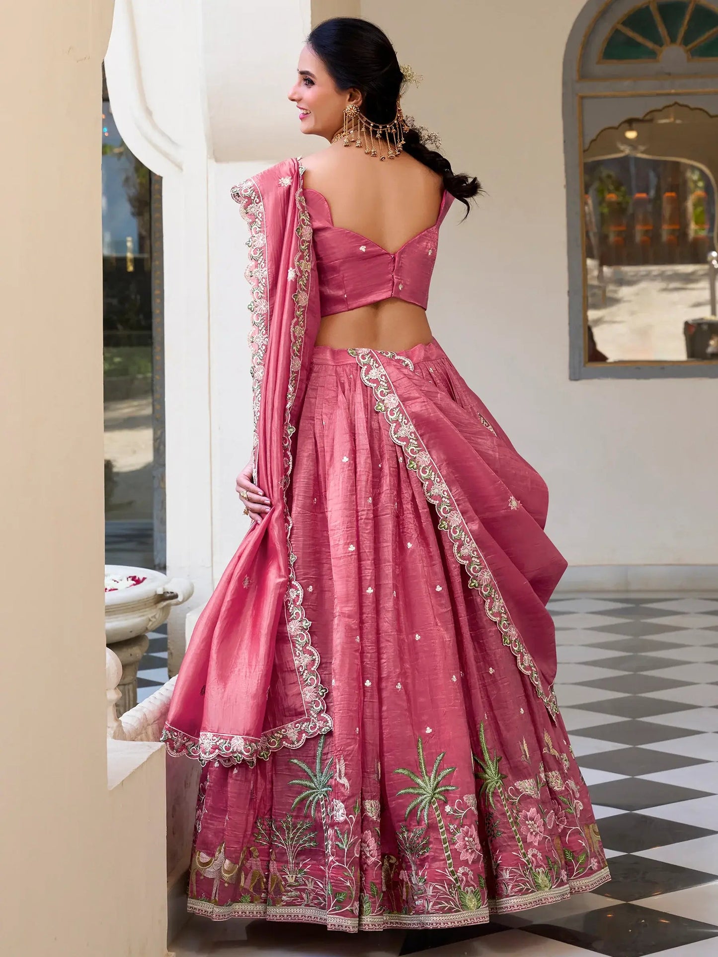 Incredible Pink Thread Work Crush Silk Wedding Lehenga Choli With Dupatta - Zeel Clothing