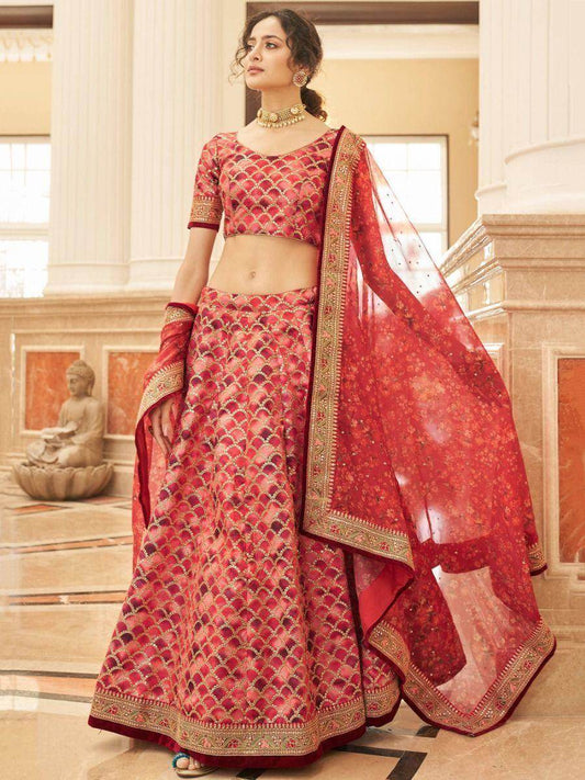 Incredible Red Embroidered Art Silk Traditional Wear Lehenga Choli - Zeel Clothing
