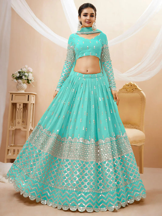 Incredible Sky Blue Sequins Georgette Engagement Wear Lehenga Choli - Zeel Clothing