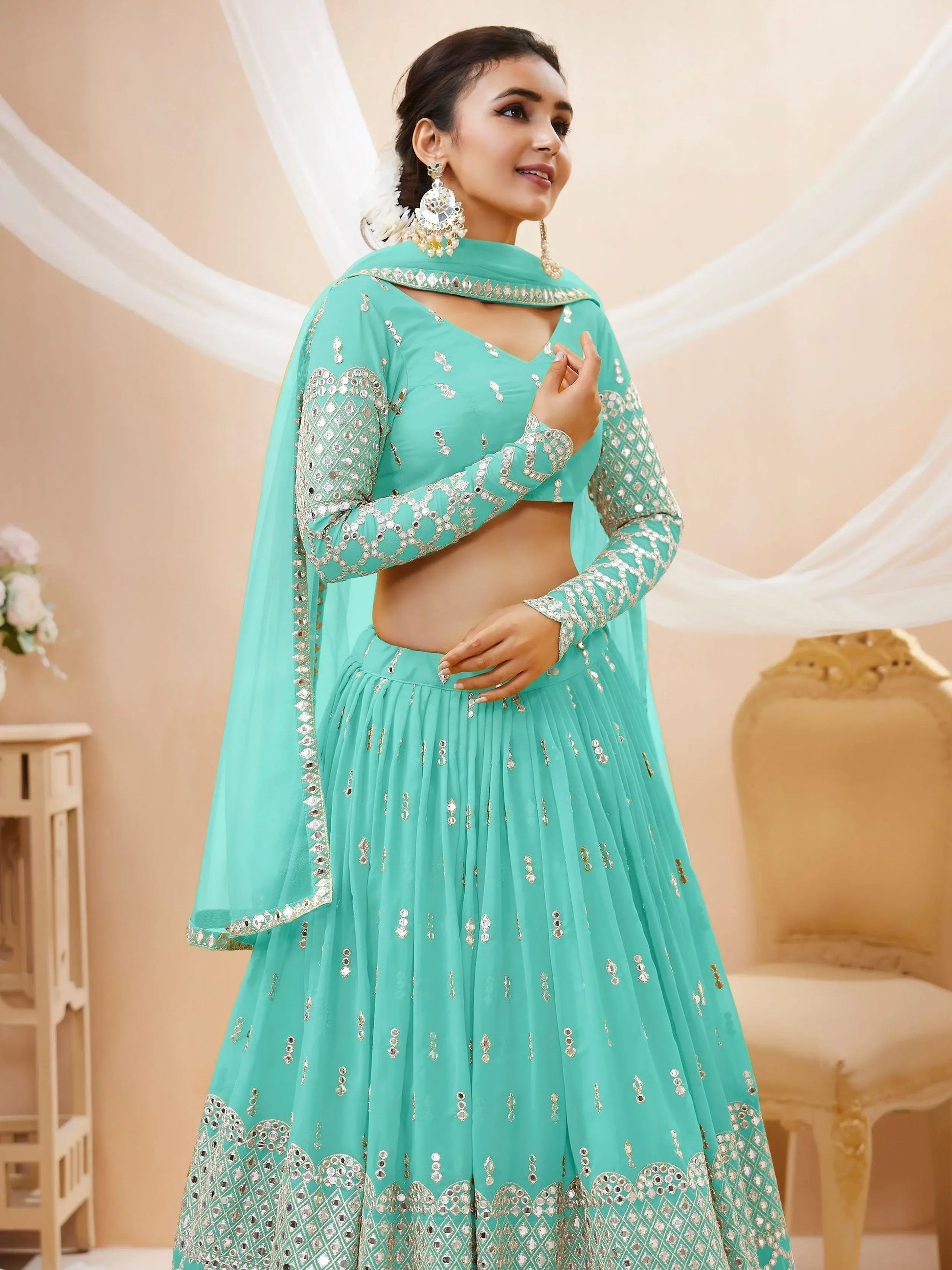 Incredible Sky Blue Sequins Georgette Engagement Wear Lehenga Choli - Zeel Clothing