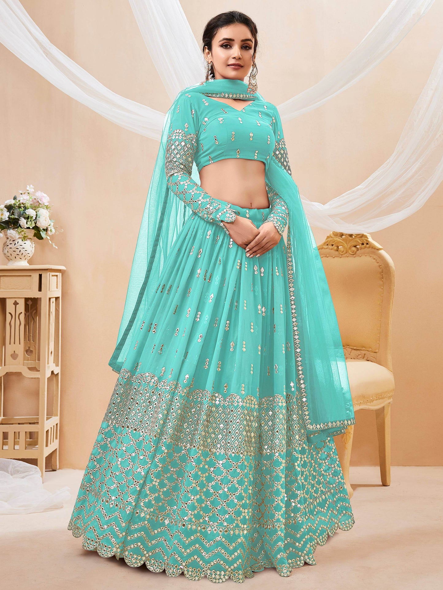 Incredible Sky Blue Sequins Georgette Engagement Wear Lehenga Choli - Zeel Clothing