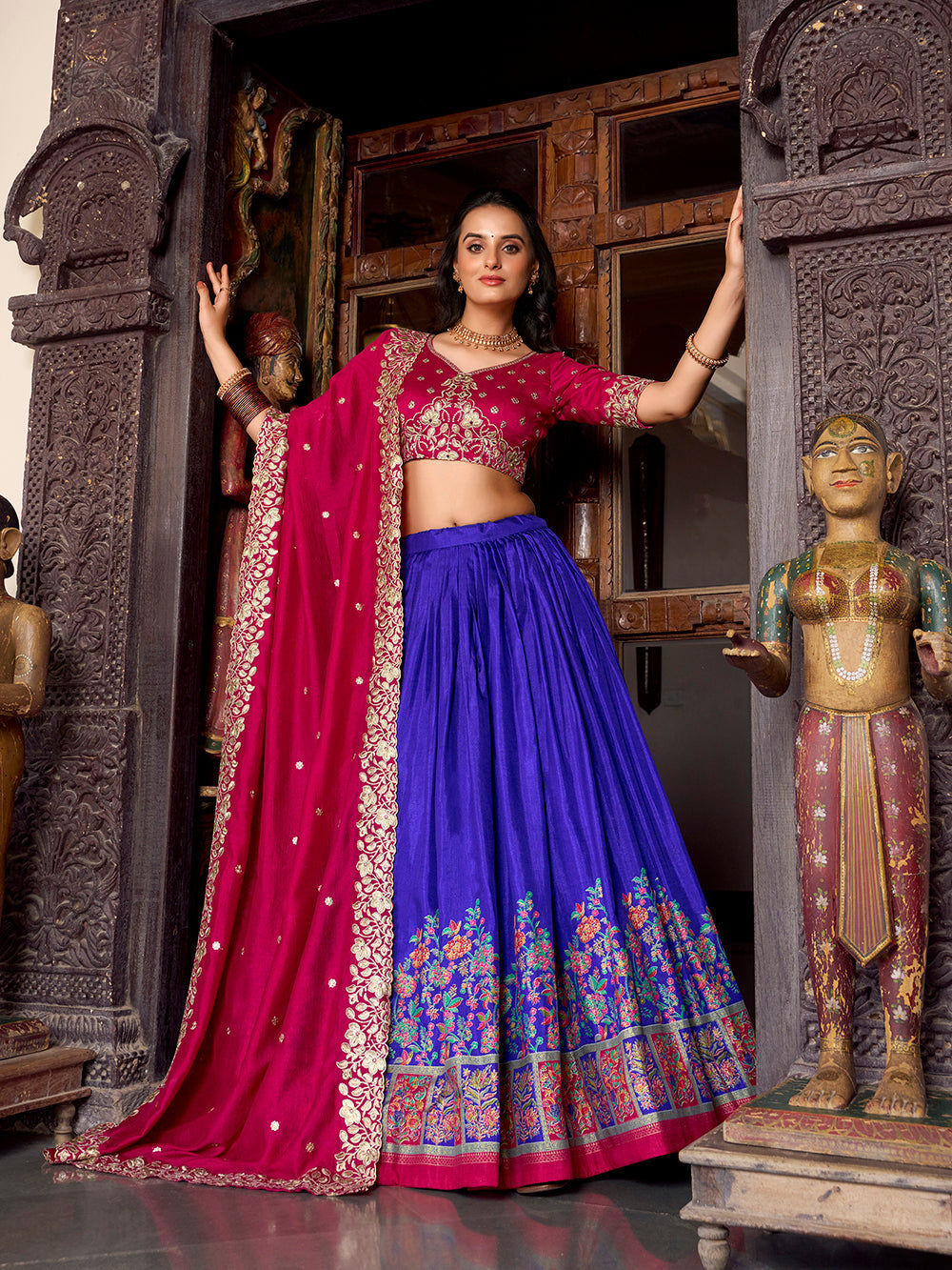Royal Blue Color Printed With Foil Work Tussar Silk Lehenga Choli