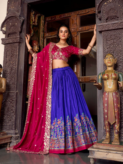 Royal Blue Color Printed With Foil Work Tussar Silk Lehenga Choli