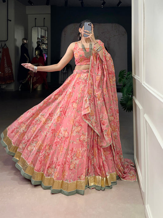 Peach Color Floral And Foil Print With Embossed Design Chiffon Ghaghra choli