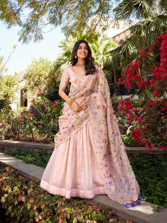 Light Pink Color Sequins And Thread Embroidery Gold Crush Lehenga Choli