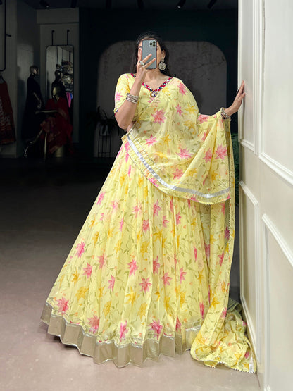 Yellow Color Floral Print With Embossed Design Tabby Silk Chaniya Choli