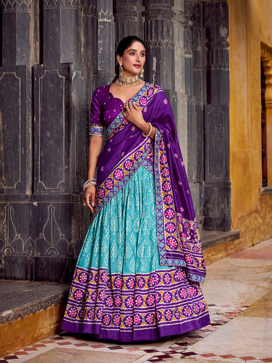 Sky Blue Color Ikkat Patola Printed Tasar Silk Lehenga Choli