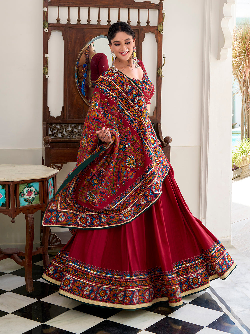 Red Color Gamthi Print And Embossed Design Tussar Silk Lehenga Choli