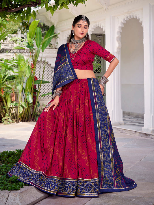 Pink Color Bandhej Print With Gotta Patti Lace Tasar Silk Lehenga Choli