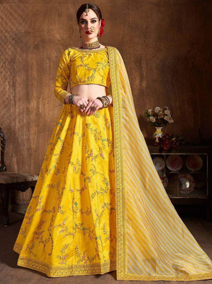 Interesting Yellow Embroidered Mulberry Silk Haldi Wear Lehenga Choli - Zeel Clothing