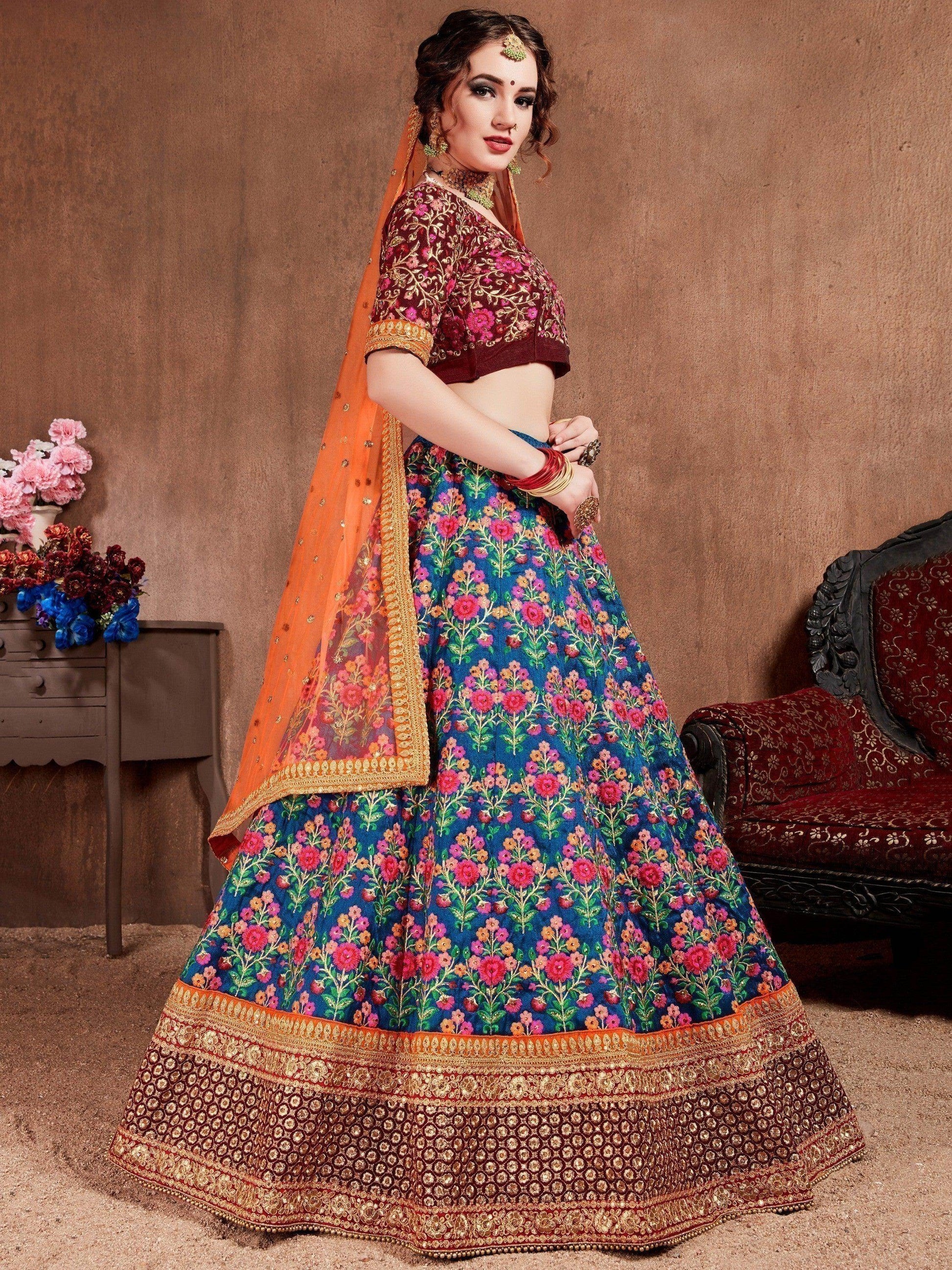 Intricate Blue Colored Bridal wear Embroidered Lehenga Choli - Zeel Clothing