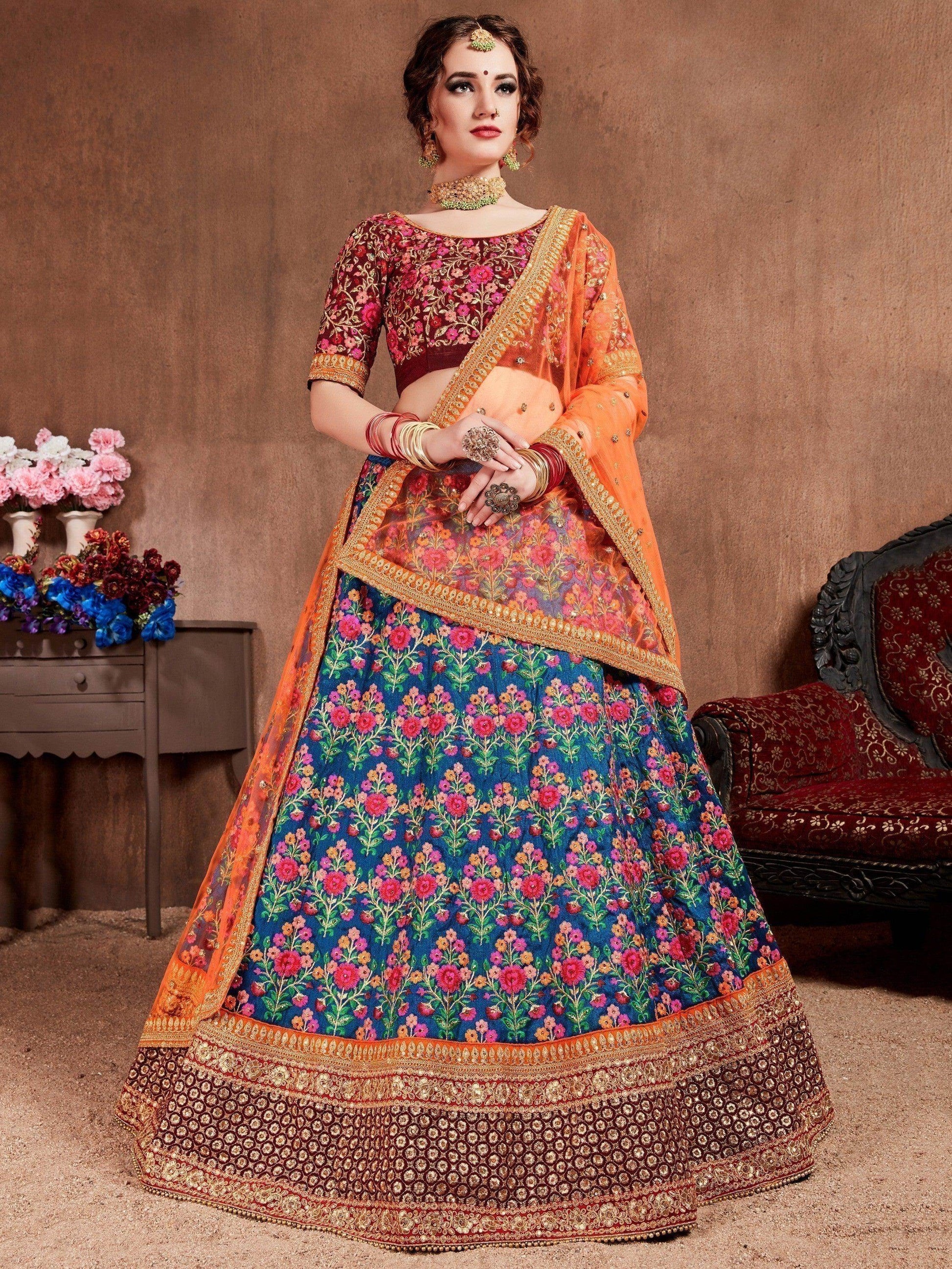 Intricate Blue Colored Bridal wear Embroidered Lehenga Choli - Zeel Clothing