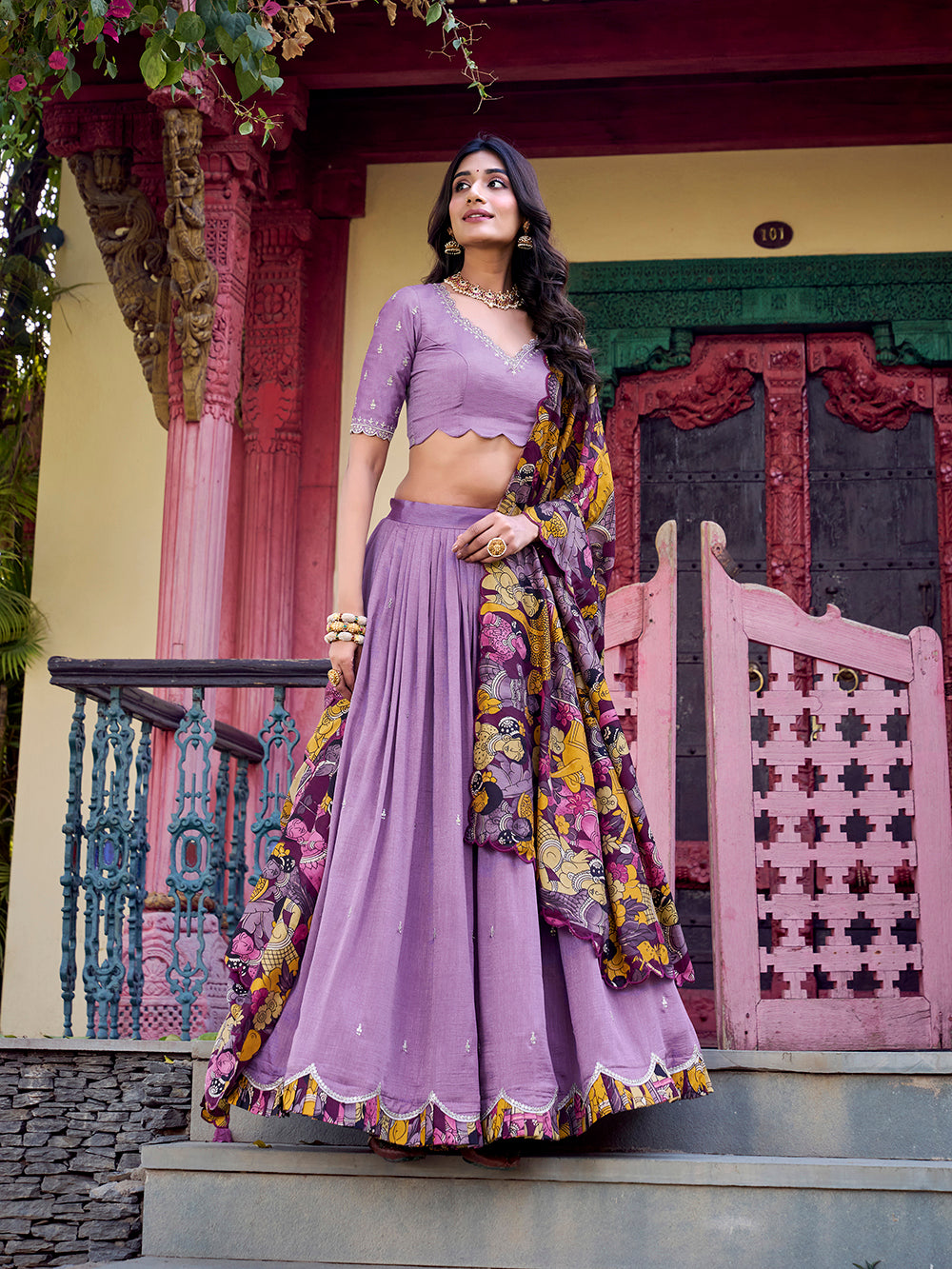 Lavender Color Sequins And Thread Embroidery Work Vichitra Silk Lehenga